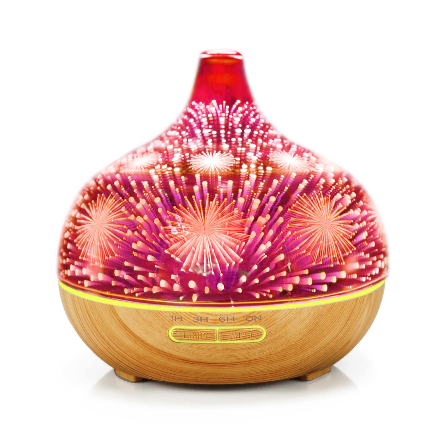 Colorful Fireworks design 3D Glass Bottle Essential Oil Humidifier Air Diffuser with plastic base