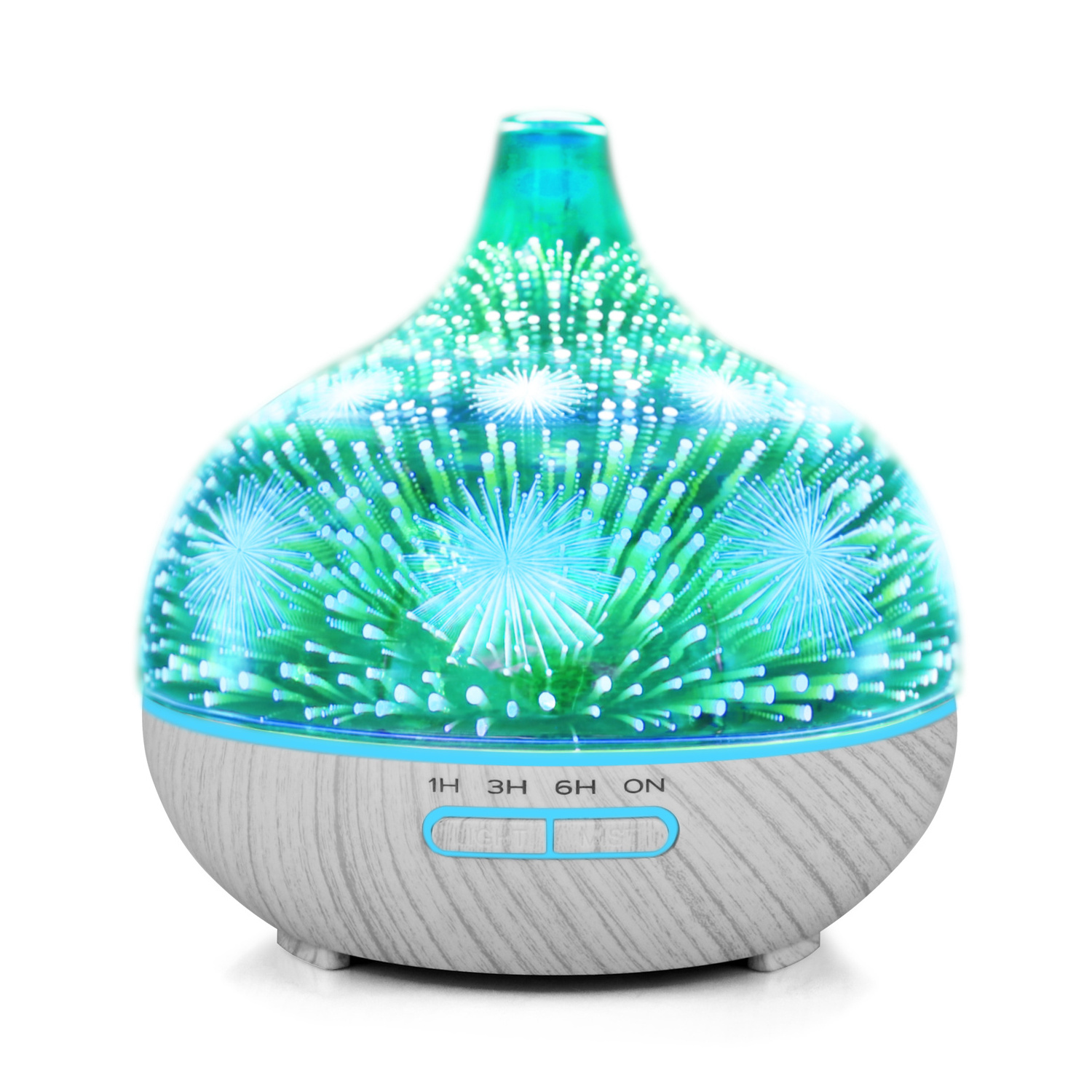 Colorful Fireworks design 3D Glass Bottle Essential Oil Humidifier Air Diffuser with plastic base