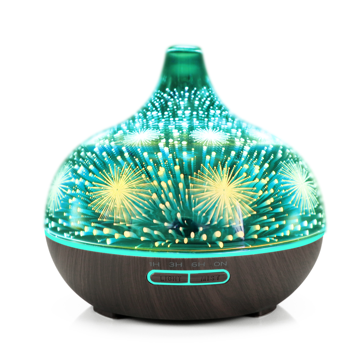 Colorful Fireworks design 3D Glass Bottle Essential Oil Humidifier Air Diffuser with plastic base