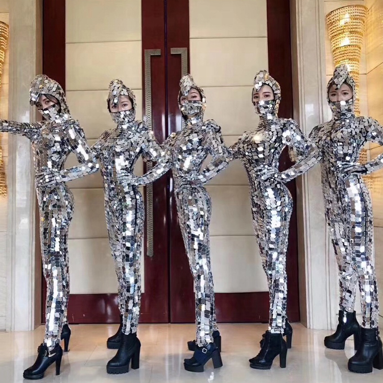 Sexy Women Mirror Reflective Clothing Suit Silver Mirror Jumpsuit Costumes Dance Props for Party DJ Club Show Dance Costumes