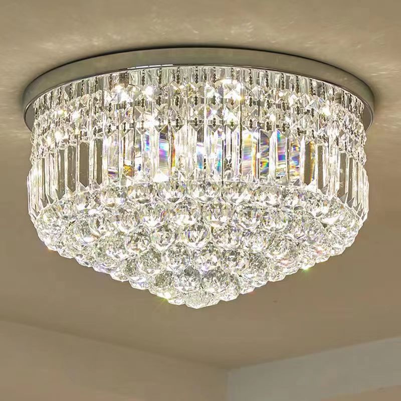 Modern Elegant Hotel Living Room Mini Chrome Flush Mount Round K9 Crystal Chandeliers Ceiling Lamp Light Fixtures