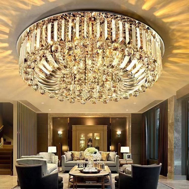 Modern Elegant Hotel Living Room Mini Chrome Flush Mount Round K9 Crystal Chandeliers Ceiling Lamp Light Fixtures