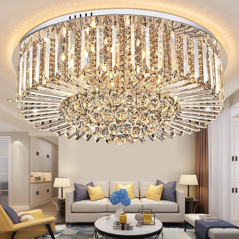 Modern Elegant Hotel Living Room Mini Chrome Flush Mount Round K9 Crystal Chandeliers Ceiling Lamp Light Fixtures