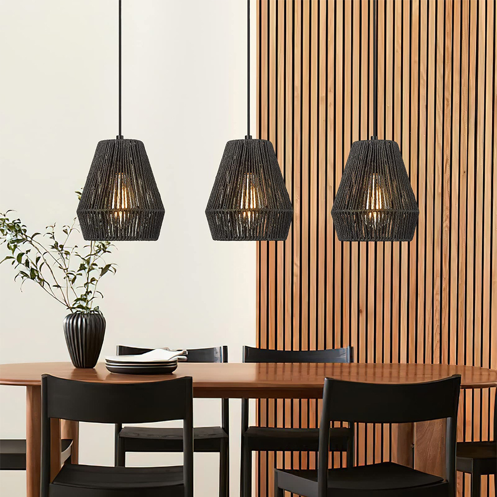 Wholesale Hanging Adjustable Industrial Design Rattan Boho Woven Chandeliers Pendant Lights Fixtures for Kitchen Island