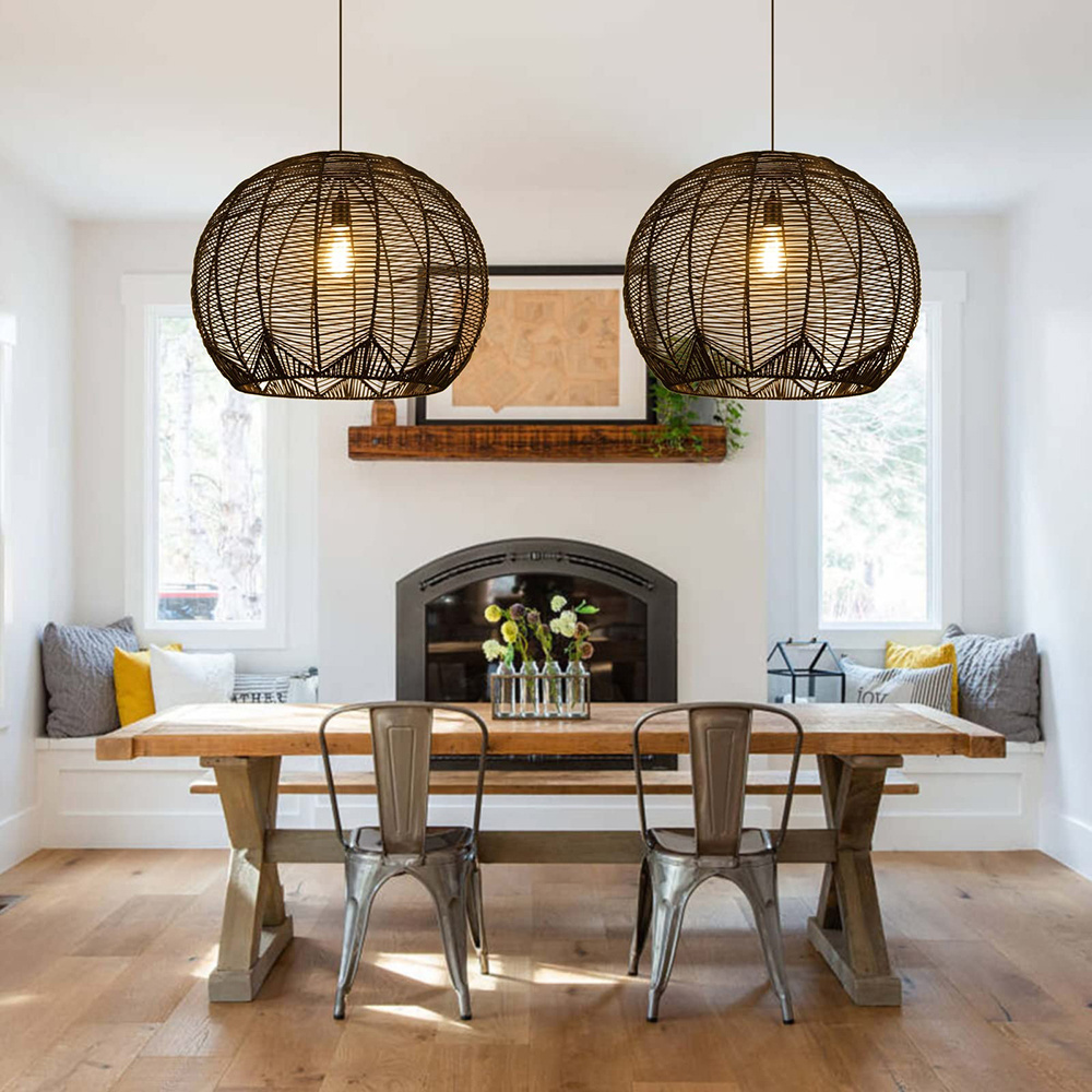 Farmhouse Rattan Pendant Light Fixtures for Kitchen Island Bamboo Woven Wicker Chandeliers Hanging