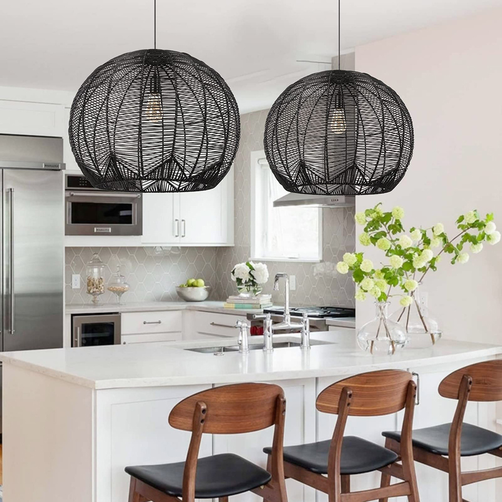 Farmhouse Rattan Pendant Light Fixtures for Kitchen Island Bamboo Woven Wicker Chandeliers Hanging