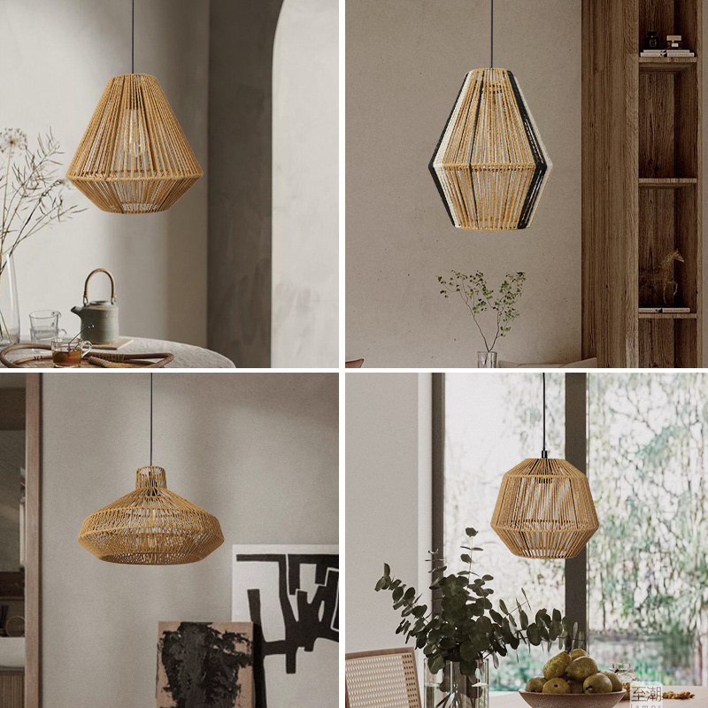 Woven Pendant Light Fixtures Rattan Hanging Lamp Adjustable Farmhouse Coastal Chandelier Boho Light