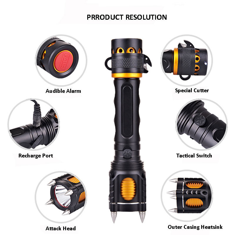 Outdoor Attack Head Flashlight Survival Tool Knife Emergency 18650 Tactical Flash Light Self Defense