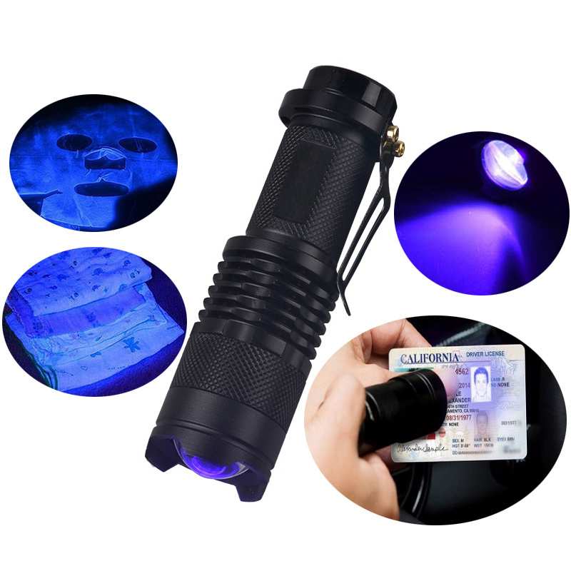 Pocket Mini Zoom Purple Light Linterna  UV Torch 395nm 365nm Light UV Led Flashlight With Clip