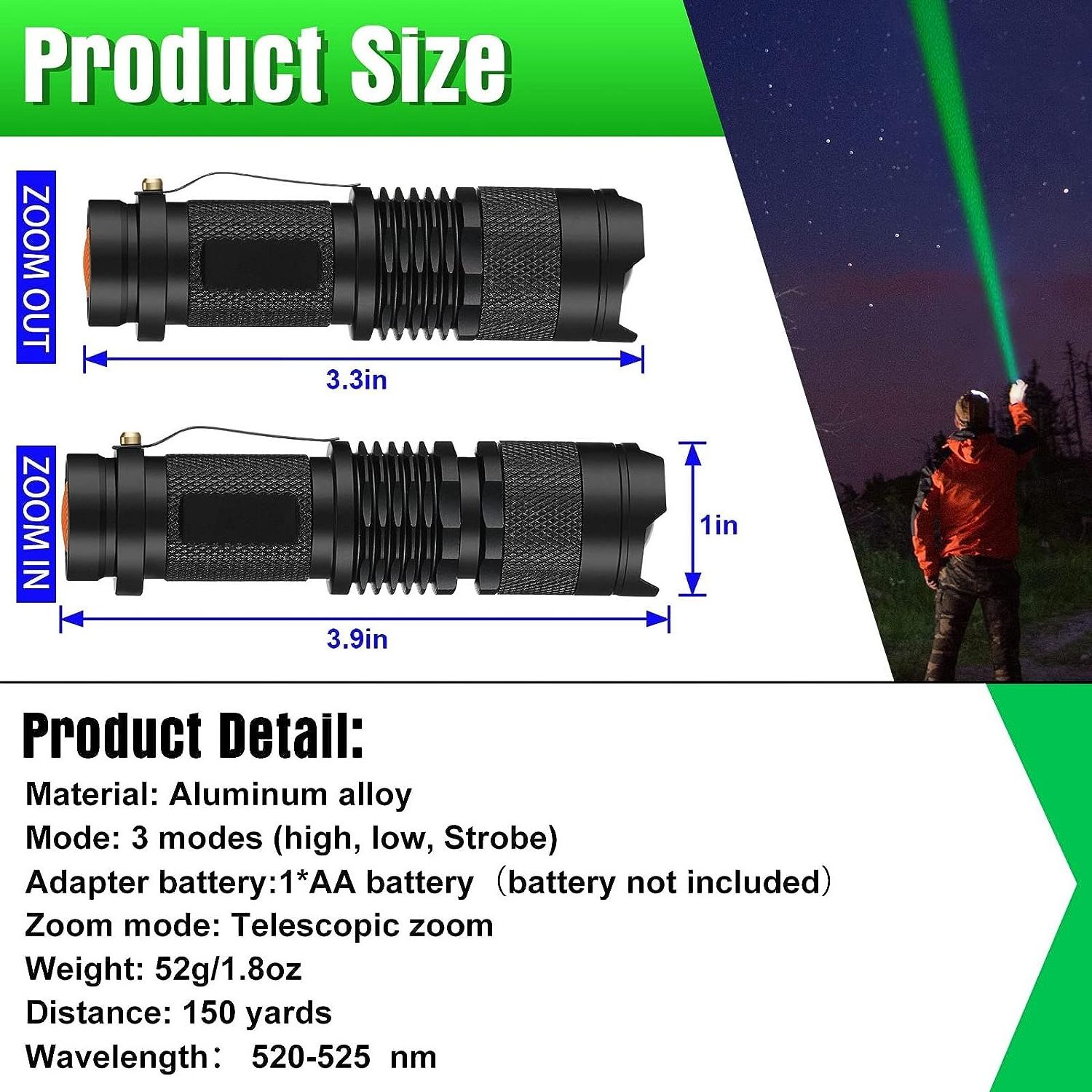 1 Mode Green LED Hunting Flashlight Torch Mini Aluminum Body Battery Power Emergency Night Observation Green LED Mini Flashlight