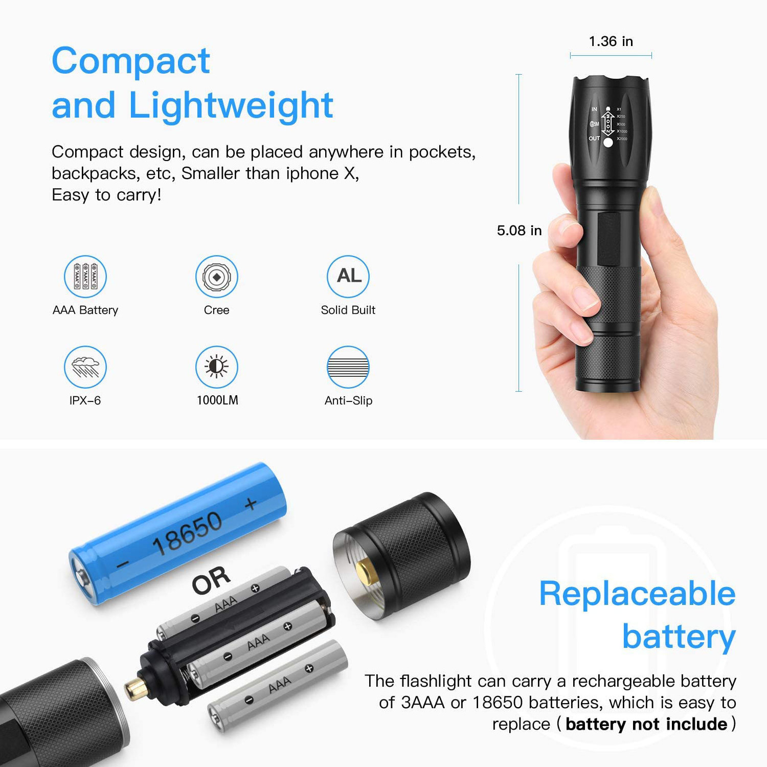 2023 Hot Sale Powerful Aluminium T6 XML LED Rechargeable Flashlights Outdoor 1000 Lumen Small Waterproof Flashlight