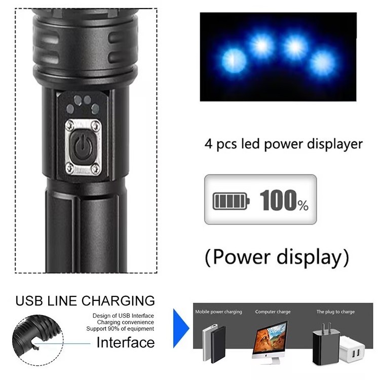 High-Lumen 200000 Lumen XHP70.2 LED Torch Rechargeable Aluminum Body IP65 Handheld Flashlight with Batteries Emergency Camping