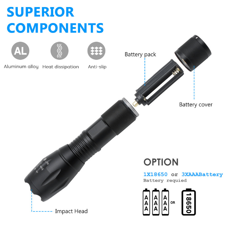 Aluminum Waterproof Zoom USB Rechargeable Tactical T6 LED  Flashlight USB Recharge Torch 800 lumen