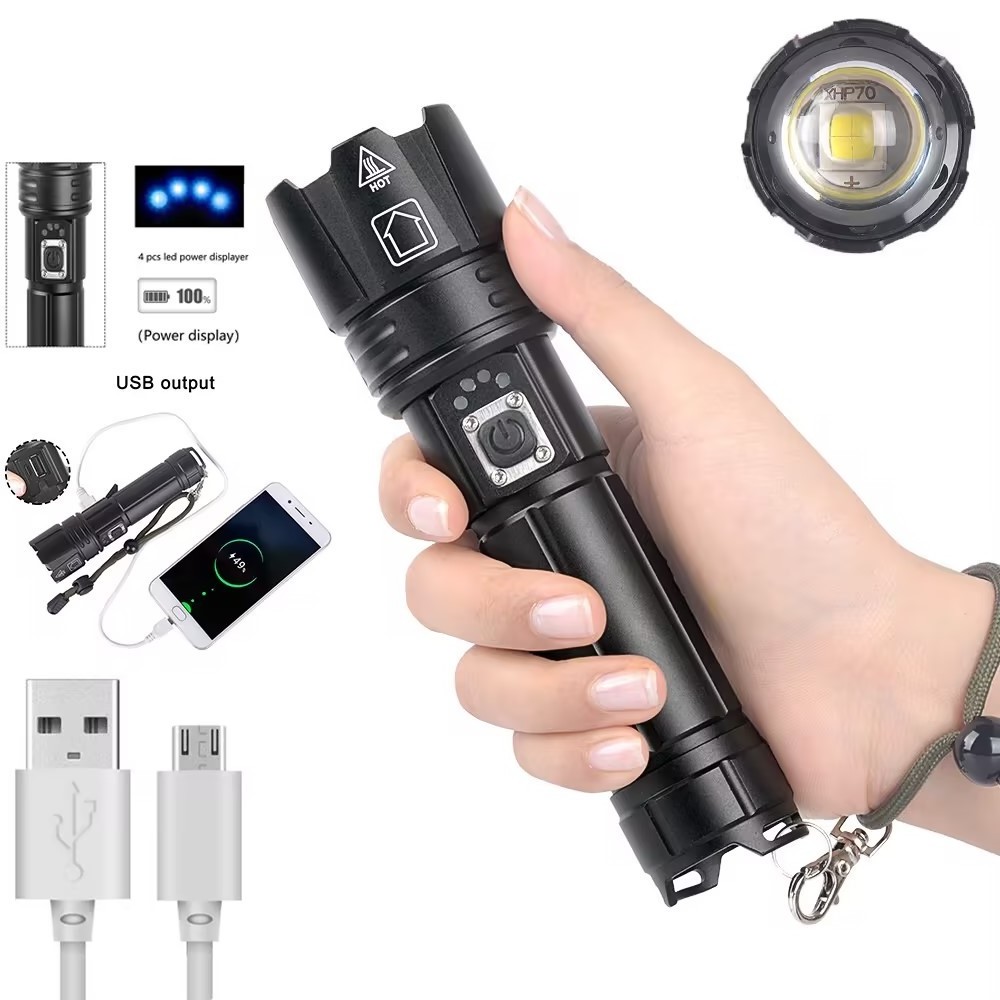 High-Lumen 200000 Lumen XHP70.2 LED Torch Rechargeable Aluminum Body IP65 Handheld Flashlight with Batteries Emergency Camping