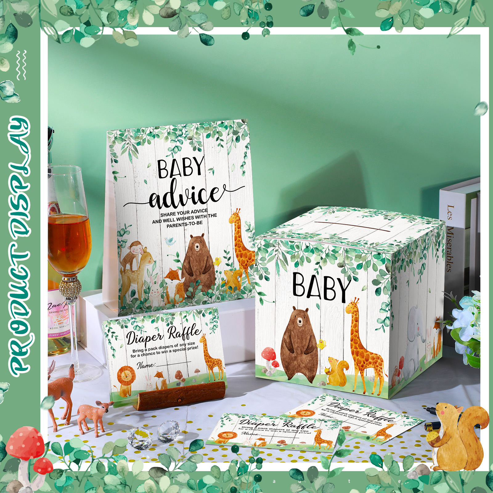 Baby Shower Card Box and Advice Cards, Diaper Raffle Game Box Tickets, Animals Safari Creatures Party Decor for Baby Shower