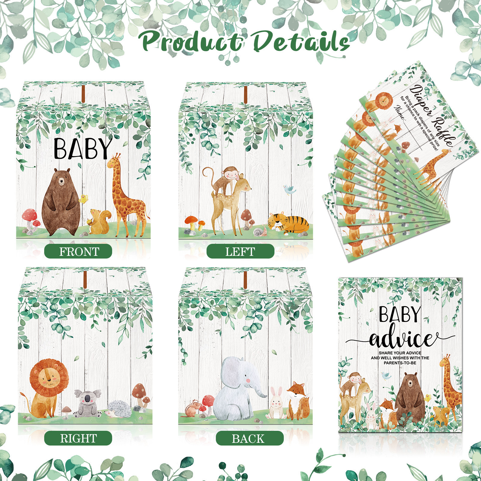 Baby Shower Card Box and Advice Cards, Diaper Raffle Game Box Tickets, Animals Safari Creatures Party Decor for Baby Shower