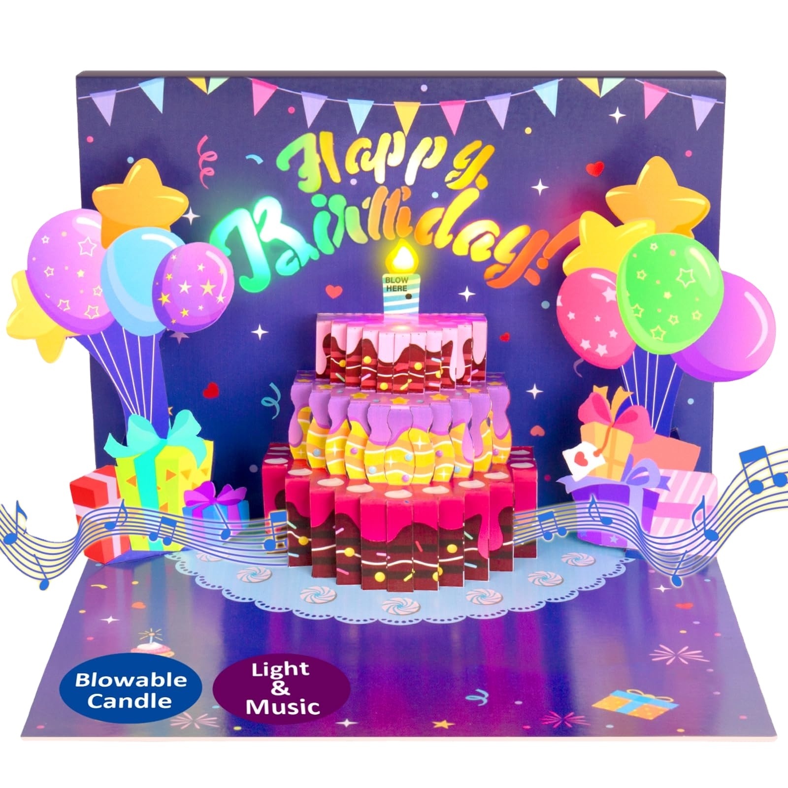 Blow Out  Light Candle and Play Happy Birthday Music Pop Up Card, Birthday Gifts 3d Greeting Cards