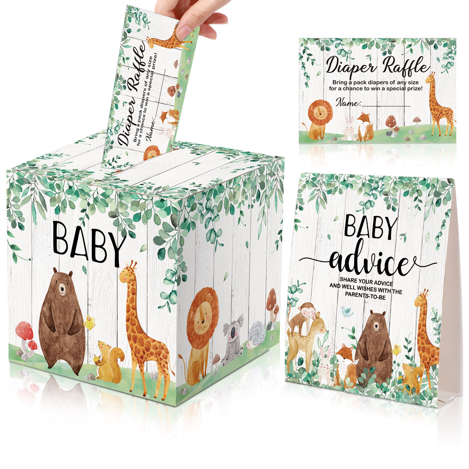 Baby Shower Card Box and Advice Cards, Diaper Raffle Game Box Tickets, Animals Safari Creatures Party Decor for Baby Shower