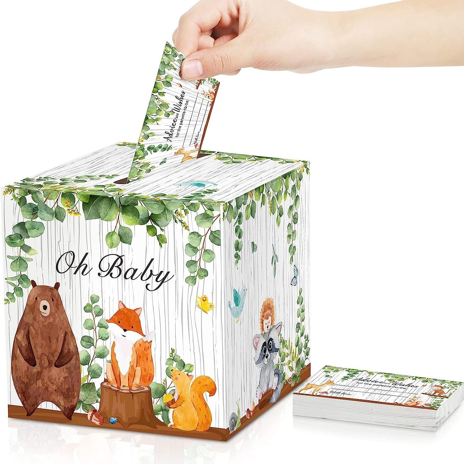 Baby Shower Card Box and Advice Cards, Diaper Raffle Game Box Tickets, Animals Safari Creatures Party Decor for Baby Shower