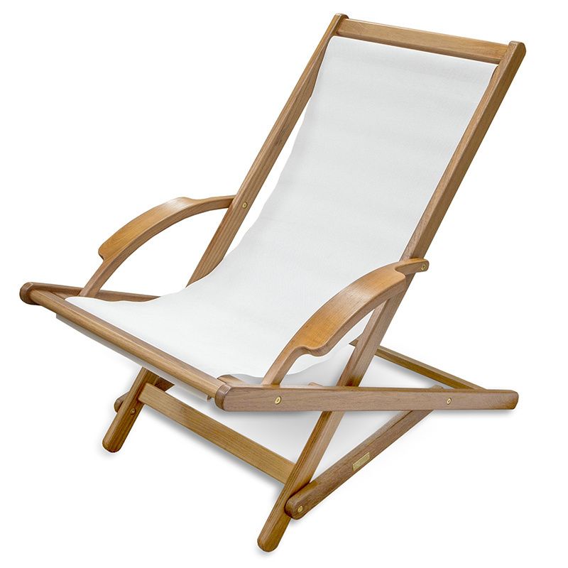 New arrival curved armrest design white cotton canvas wooden beach lounge sling chairs leisure portable for outdoor patio pool