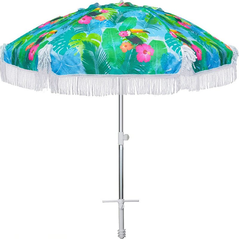 Wholesale 6.5ft Windproof Heavy Duty UV 50+ Polyester Fringe Beach Tilt Parasols Outdoor Sunshade Umbrella with sand anchor