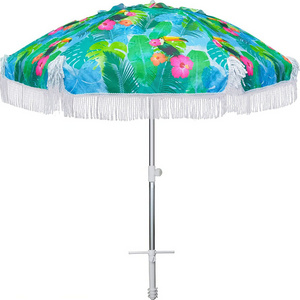 Wholesale 6.5ft Windproof Heavy Duty UV 50+ Polyester Fringe Beach Tilt Parasols Outdoor Sunshade Umbrella with sand anchor