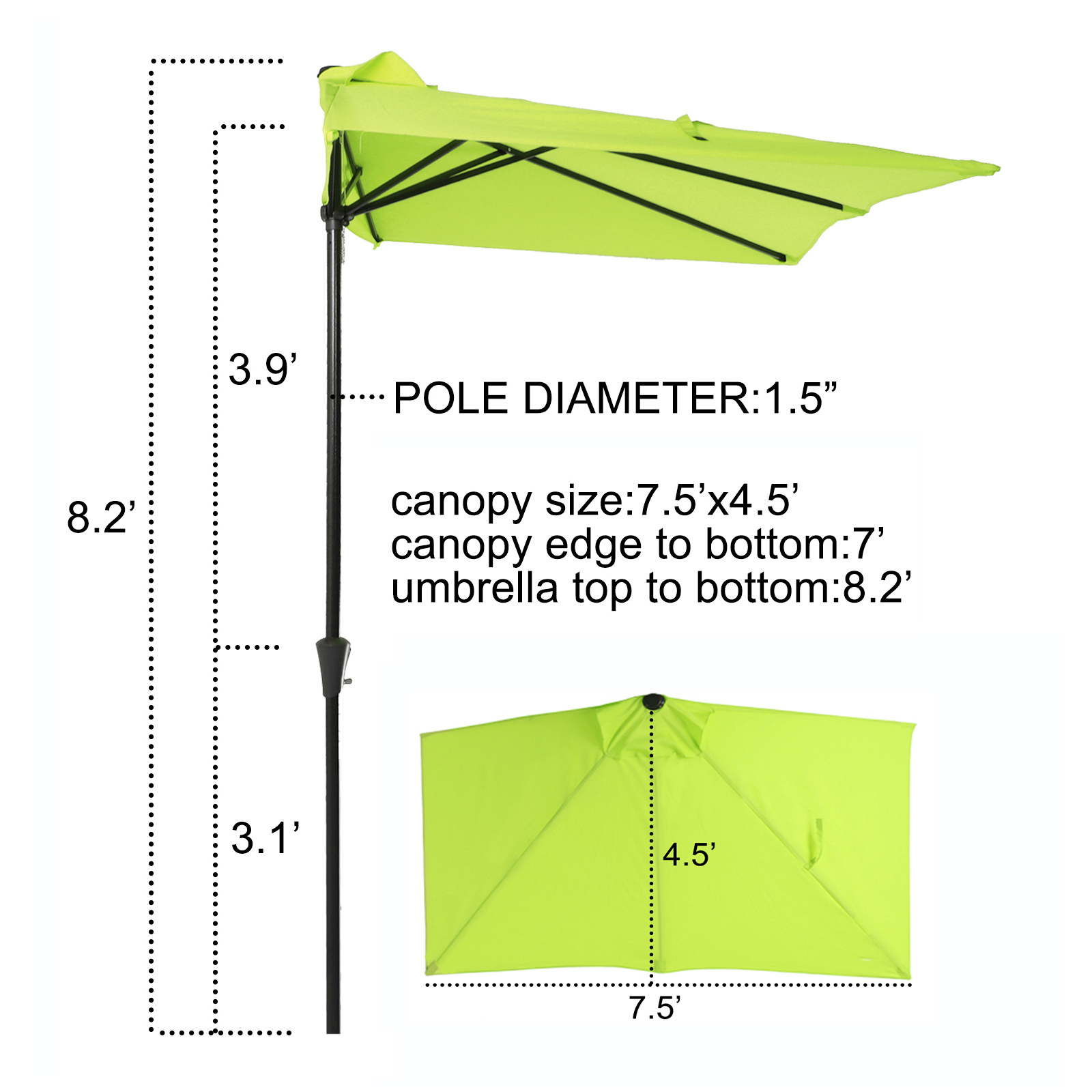 No Tilt Half Round Patio Umbrella 7.5feet Outdoor All-Weather Crank Sun Umbrella  with 5 Ribs Balcony Parasol Umbrella