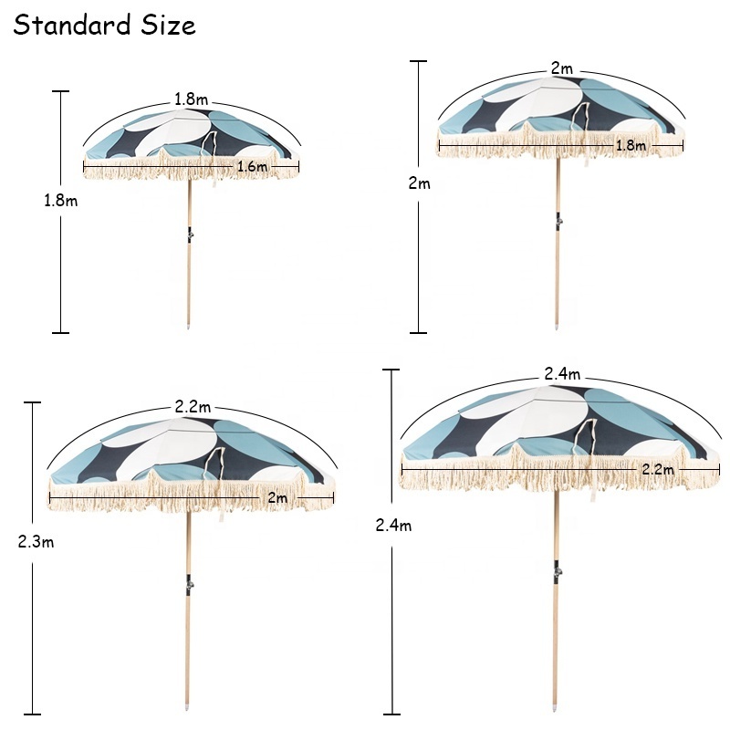 2023 popular premium cotton tassel beach umbrella set UV 50+ canvas canopy shade custom beach umbrella and chair