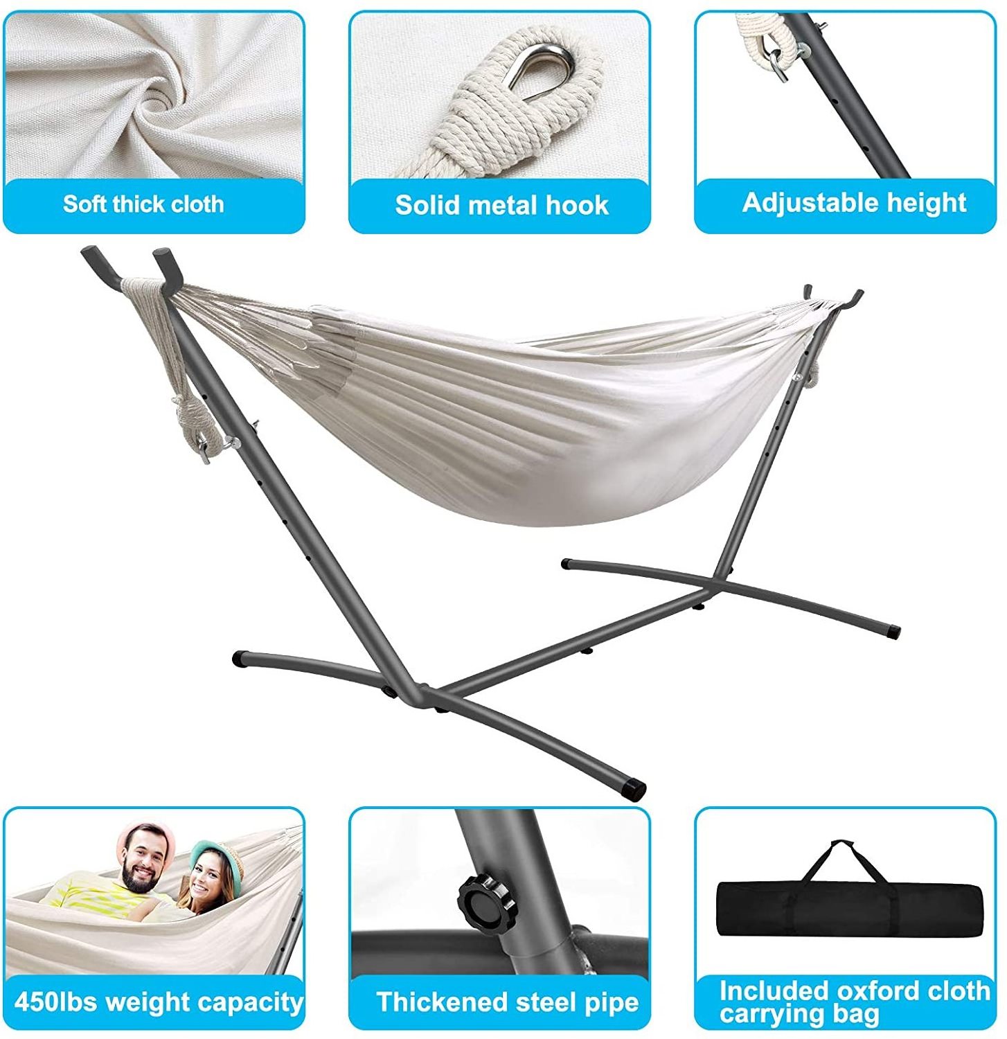 Fast Delivery Portable Large Hammock Double Camping Hammock Outdoor Cotton Swing Chair Hammock Hanging Bed With Iron Stand