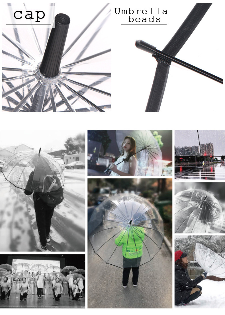 RTS black color fully clear dome umbrella cheap plastic logo printing low MOQ custom transparent adult rain umbrellas