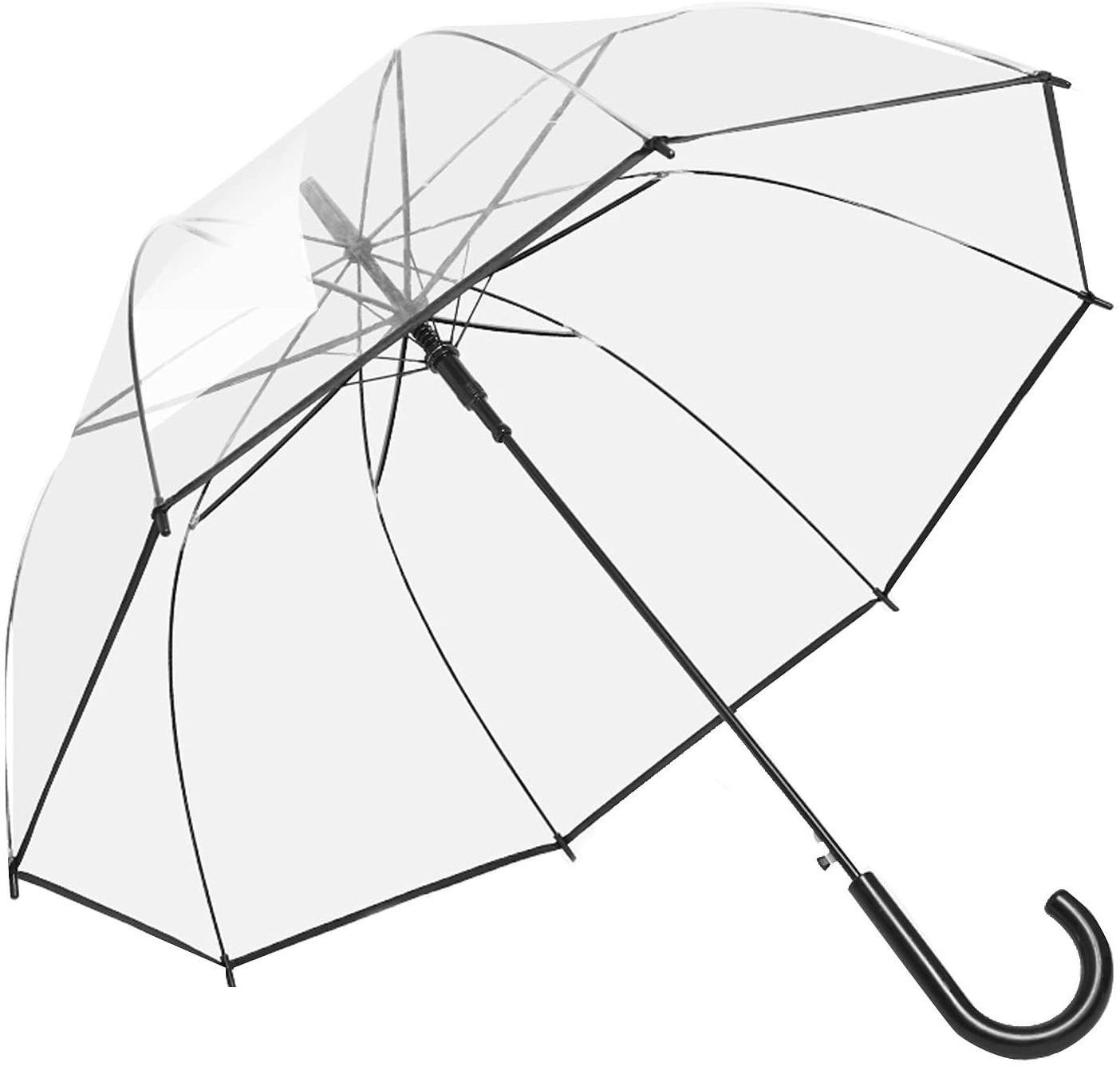 RTS black color fully clear dome umbrella cheap plastic logo printing low MOQ custom transparent adult rain umbrellas