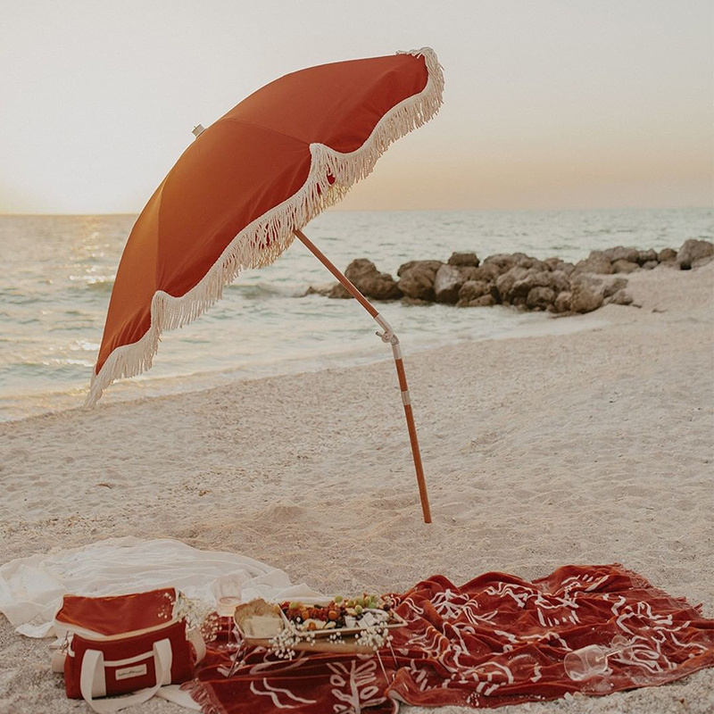 White Boho Patio Macrame Vintage Parasol Beach Umbrella Wooden Pole Tassel Cotton Cloth Bali Beach Umbrellas With Tassels Fringe