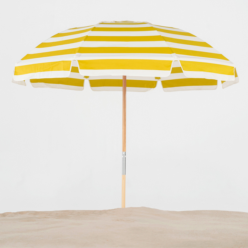 Large size 7.5ft wooden pole beach umbrella windproof UV 50+ yellow stripes patio umbrella fringe with air vent