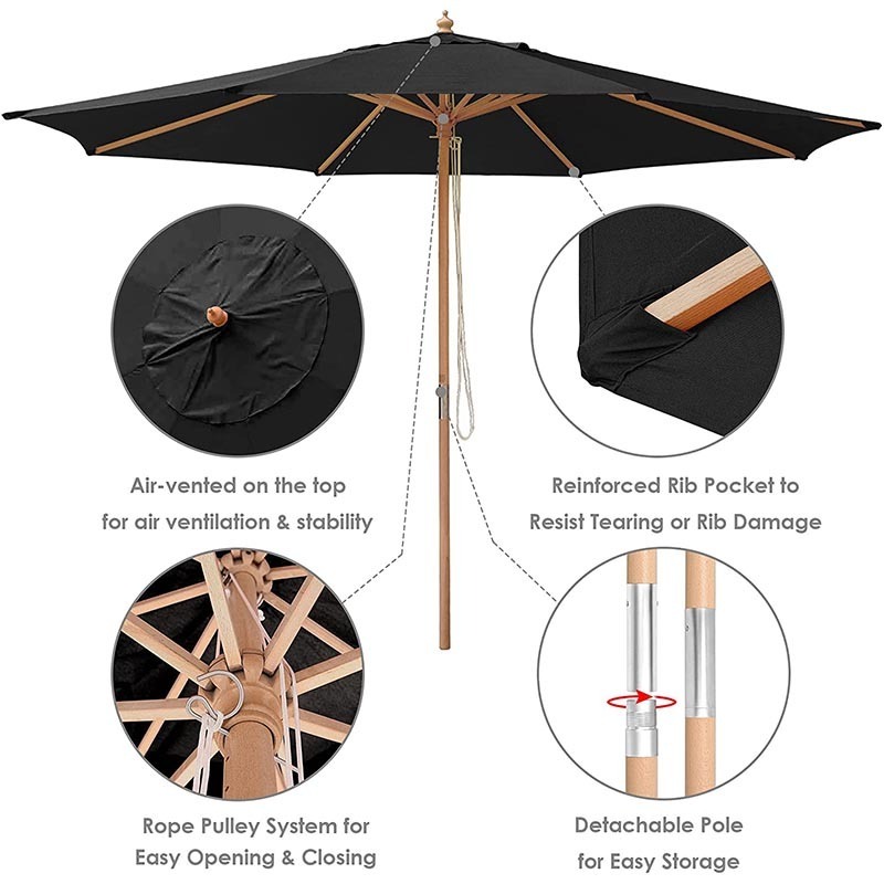 Outdoor umbrellas big size garden market place wood patio umbrella waterproof 9ft UV heavy duty parasol