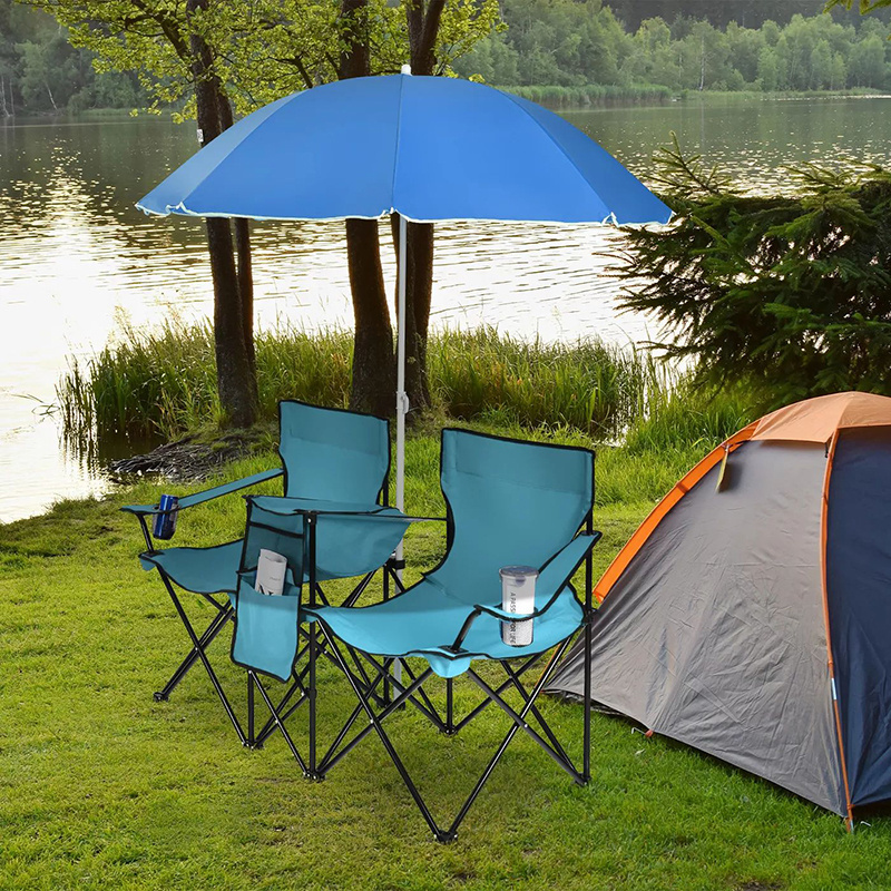 High quality umbrella beach sun shade double seats  steel frame folding camping chair with beverage holders