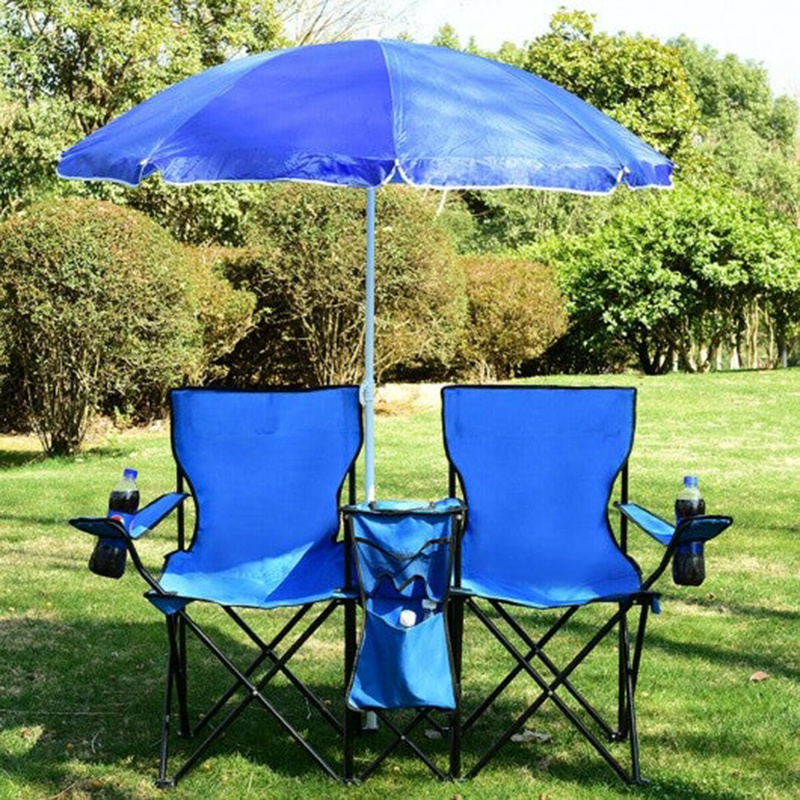 High quality umbrella beach sun shade double seats  steel frame folding camping chair with beverage holders