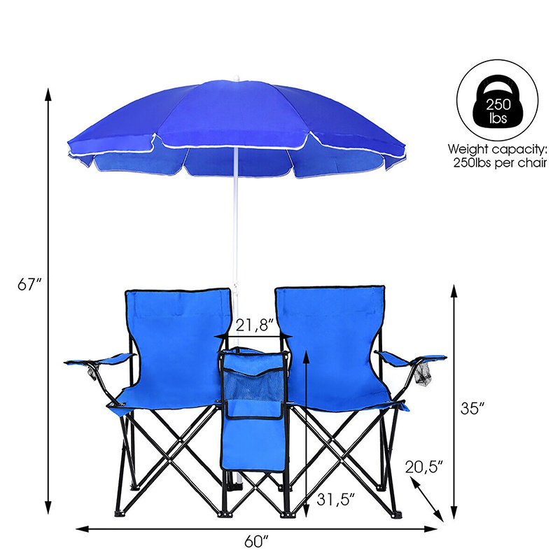 High quality umbrella beach sun shade double seats  steel frame folding camping chair with beverage holders