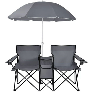 High quality umbrella beach sun shade double seats  steel frame folding camping chair with beverage holders