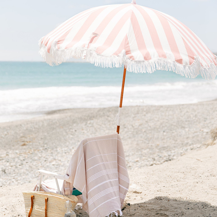 Vintage pink crew stripe picnic waterproof tilt tassel umbrella UV protection travel beach umbrella with fringe