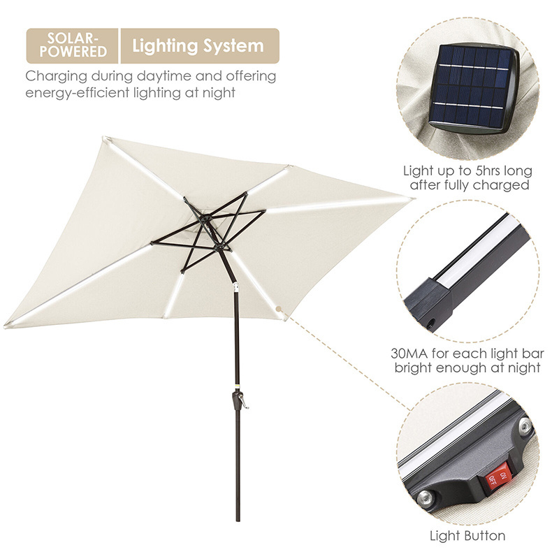 Rectangle double top deluxe patio umbrella air vent solar power led strip lights crank open garden parasol with tilt