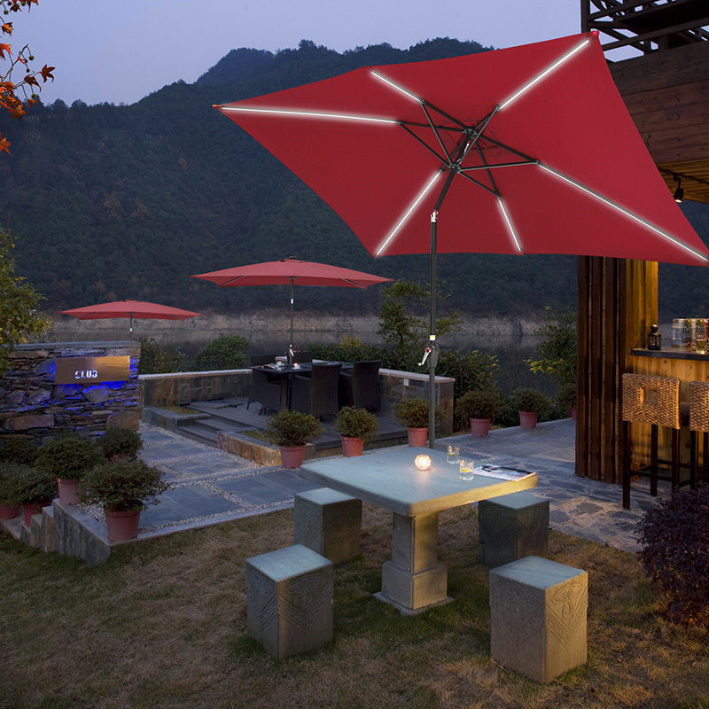 Rectangle double top deluxe patio umbrella air vent solar power led strip lights crank open garden parasol with tilt