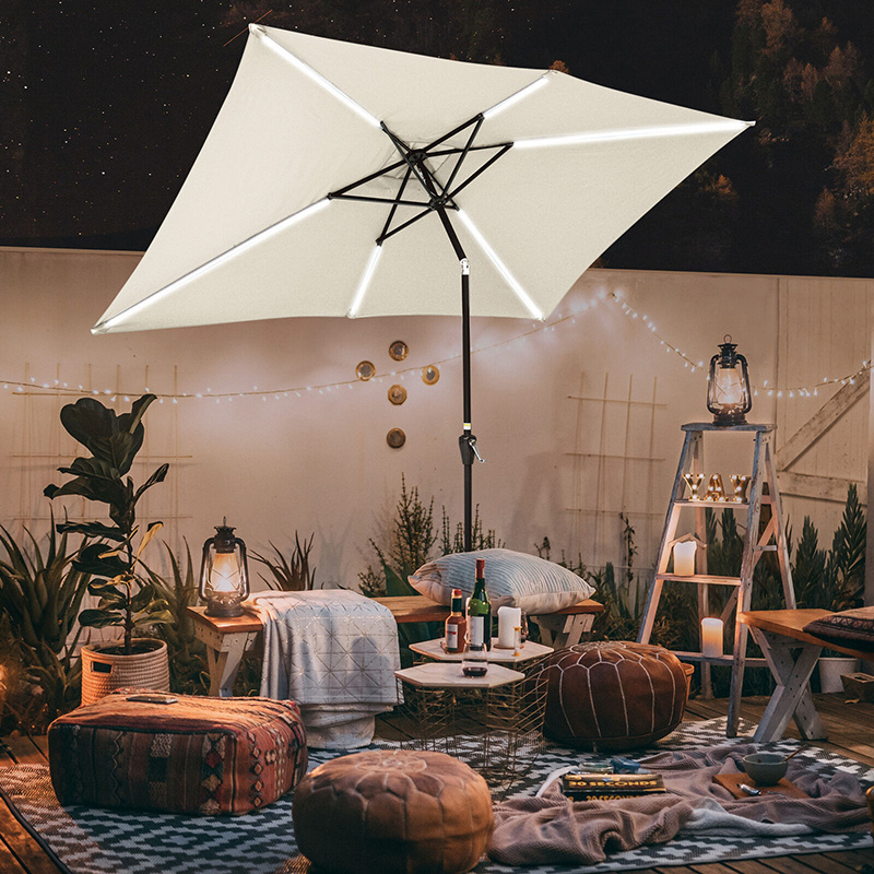 Beige 10ft led lighted patio umbrella waterproof polyester market cafe table sun lamp strip parasol umbrella