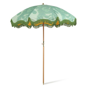 Green wave macrame fringe boho parasol UV protection cotton canvas tassels aluminum tilt beach umbrella with sand anchor