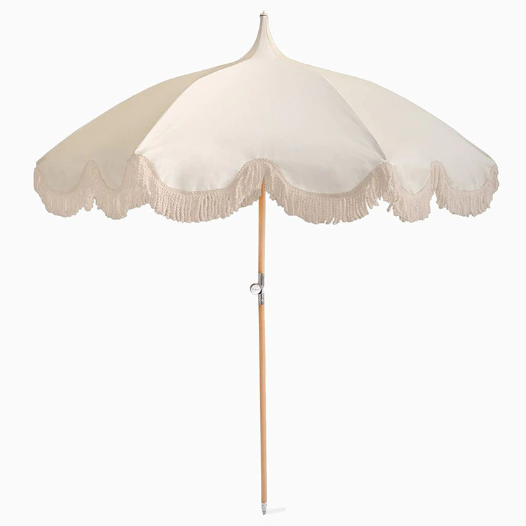 Custom Outdoor 6.5ft 7ft Wooden Pole Premium Canvas Sun Parasol Luxury White Fringed Beach Pagoda Umbrellas With Tassels