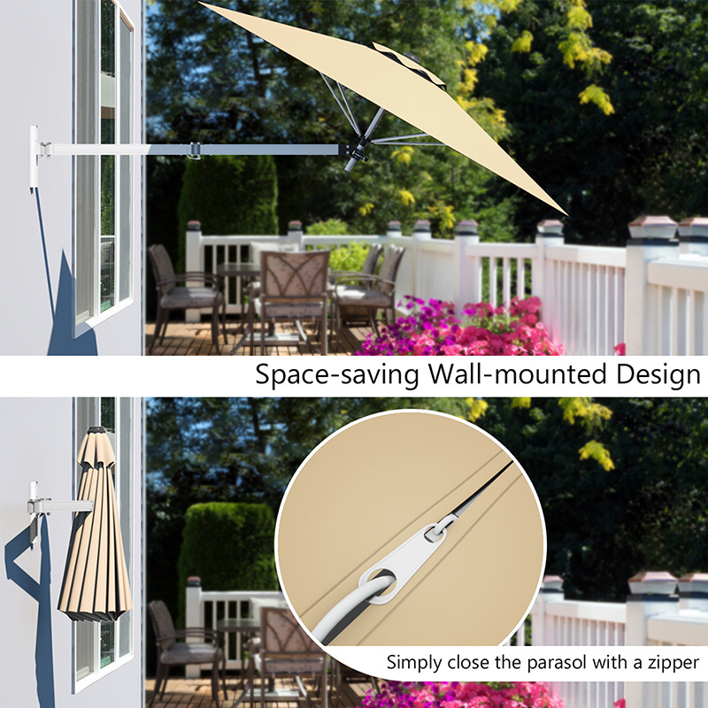 8ft Wall Mounted Aluminum Frame Cantilever Umbrella Patio Adjustable Tilting Polyester Sunshade Umbrella Burgundy