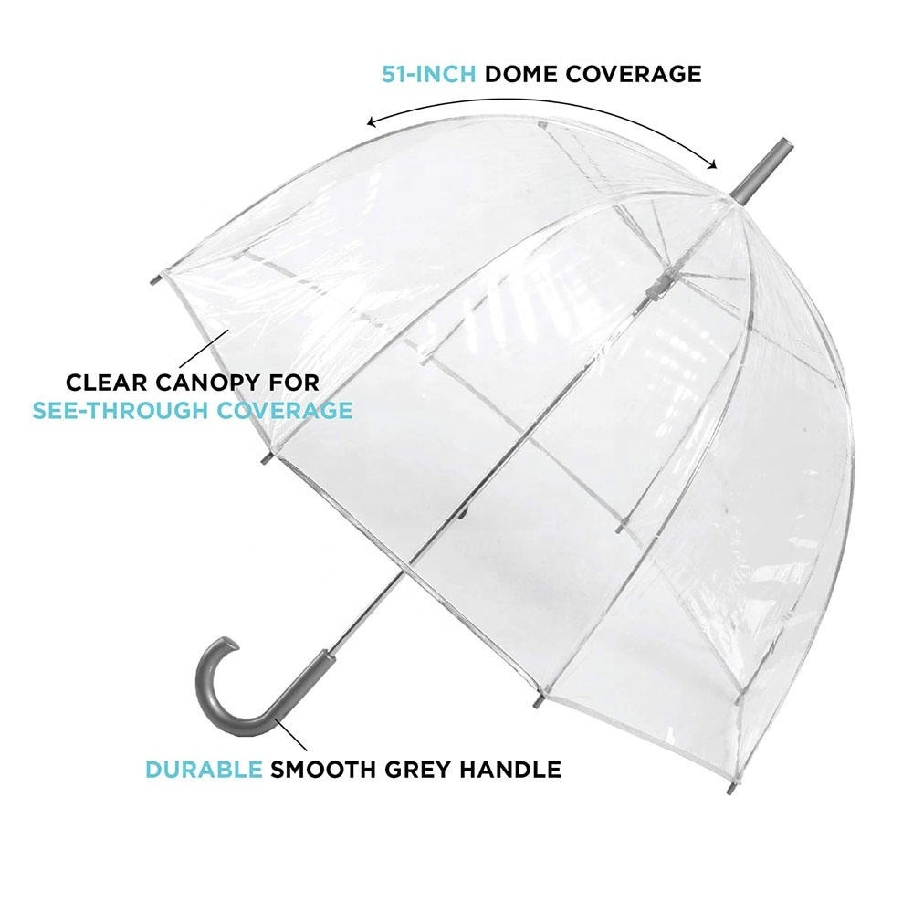 Wholesale fully clear dome umbrella cheap plastic logo printing low MOQ custom disposable transparent adult rain umbrellas