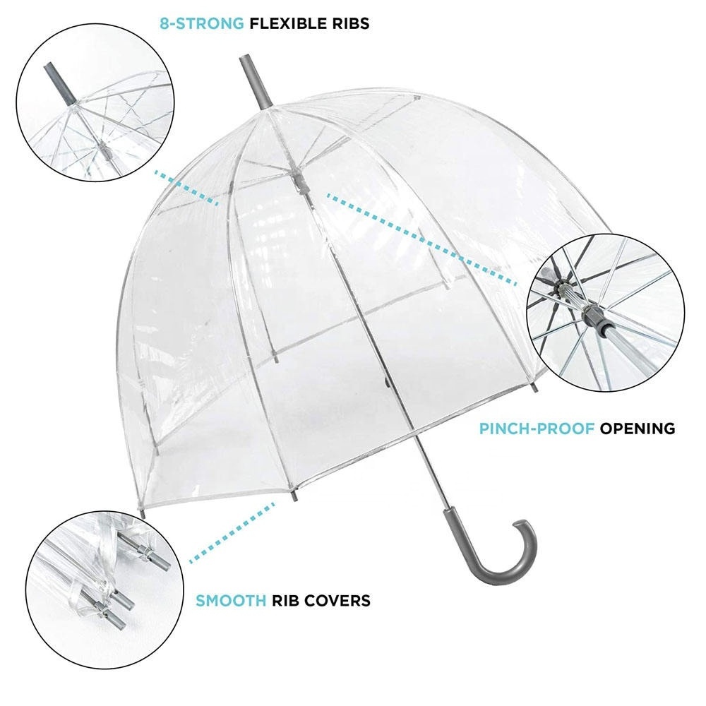 Wholesale fully clear dome umbrella cheap plastic logo printing low MOQ custom disposable transparent adult rain umbrellas