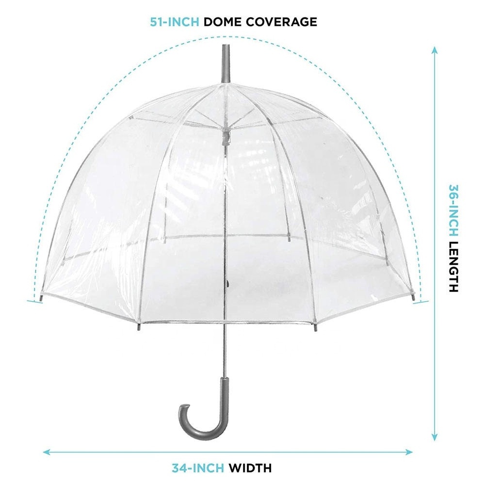 Wholesale fully clear dome umbrella cheap plastic logo printing low MOQ custom disposable transparent adult rain umbrellas