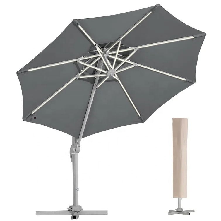 High quality all-aluminum frame round shape side pole garden umbrella crank foldable solar powered led patio umbrella