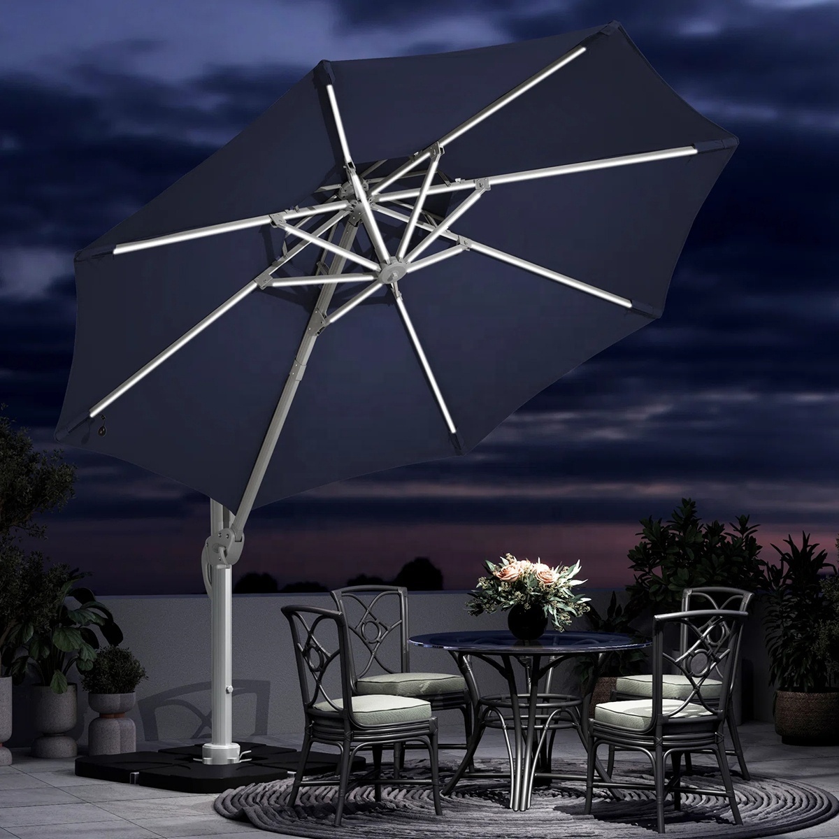 High quality all-aluminum frame round shape side pole garden umbrella crank foldable solar powered led patio umbrella